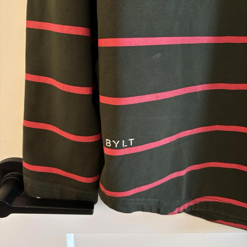 Men’s BYLT Basics Green And Red Striped Long Sleeve Shirt - Size M -Drop Cut Lux - Picture 2 of 6